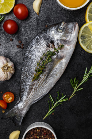 Fresh fish dorado fish on black table with ingredients for cooking