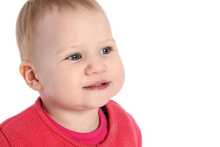 Portrait of sweet little baby girl on white backgroundの写真素材