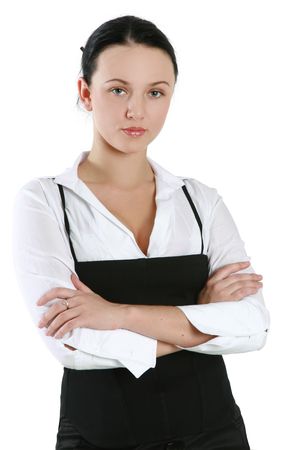 Portrait of a young teacher on white backgroundの写真素材