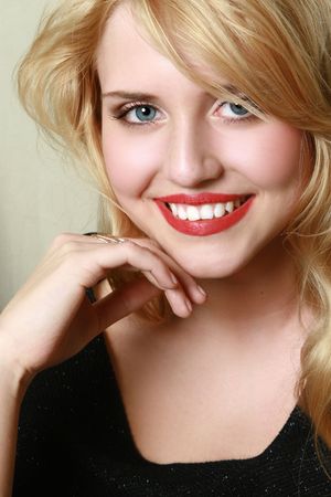 Close-up portrait of cheerful young womanの写真素材