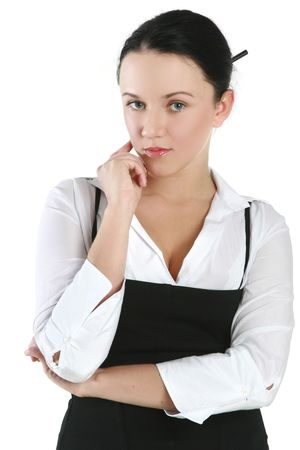 Gorgeous brunette isolated on white backgroundの写真素材