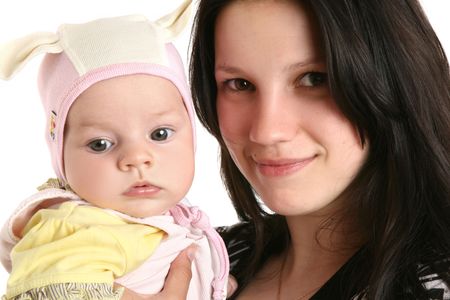 Happy mom and daughter on white backgroundの写真素材