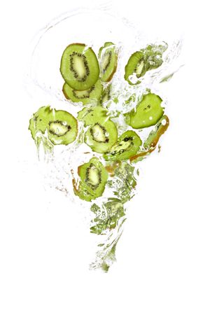 Kiwi in water splashing. Isolated on white backgroundの写真素材