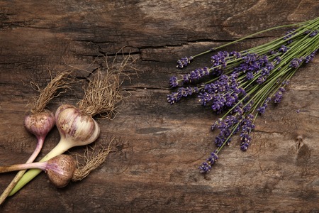 Lavender and garlic on old wooden backgroundの写真素材