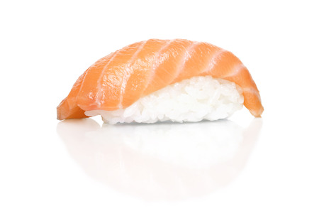 Sake nigiri on a white background with reflectionの写真素材