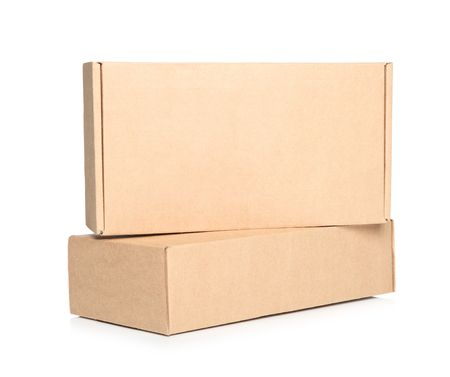 Two closed cardboard boxes on white backgroundの写真素材