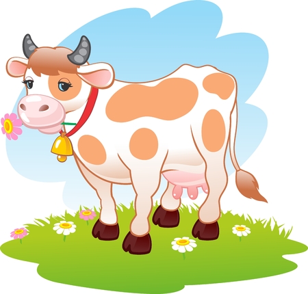 Cow grazing on green meadow.のイラスト素材