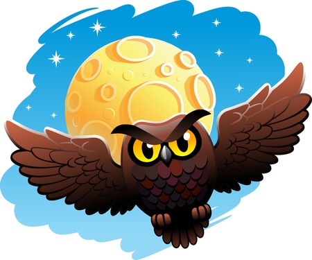 Flying owl, moon, stars. Vector background.のイラスト素材