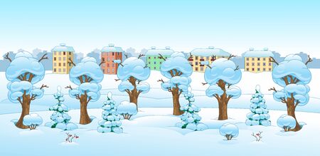 Cartoon drawing of a winter forest landscape. Horizontal background. Winter Houses with Snowing Backgroundのイラスト素材