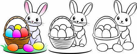 Easter bunny with a basket of eggs. Outline drawing.のイラスト素材