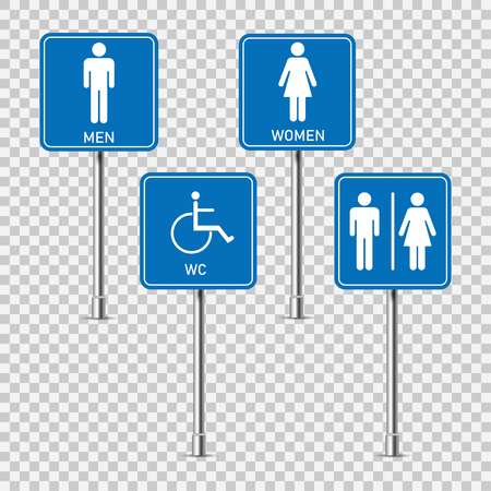 Toilet signs, Man, woman, disabled person. On the four pillars of blue, vectorのイラスト素材