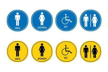 Toilet signs, Man, woman, disabled person. Signed, round signs on a white background. Vectorのイラスト素材