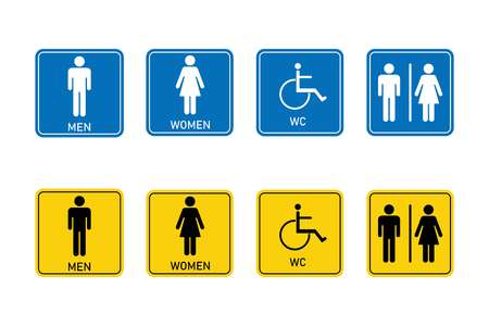 Toilet signs, Man, woman, disabled person. Signed, square signs. Vector.のイラスト素材