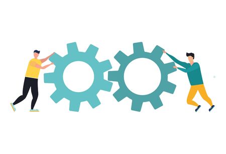 Two businessman holding gear. Idea of teamwork and partnership. Part of the mechanism, corporate business. Isolated vector illustration in cartoon styleのイラスト素材