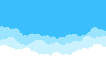 Blue sky with white clouds background. Border of clouds. Simple cartoon design. Flat style vector...