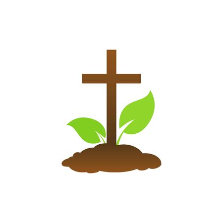 design vector christian cross icon symbol. A cross stands on the ground from the ground two sheets sprout on a white backgroundのイラスト素材