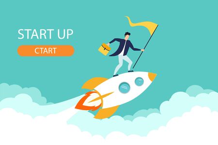 Happy successful Start up businessman holding goal flag standing on rocket ship flying through blue sky. business startup concept.のイラスト素材