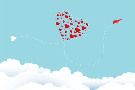 Valentine's day greeting card and love concept. A red plane flies, its path resembles a heart on clouds and a blue sky. The way of a somolet is like a heart in which there are many red hearts. Vectorのイラスト素材