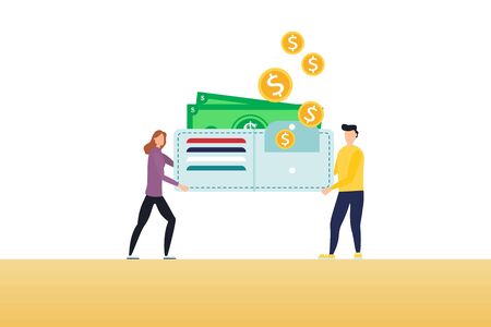 Happy man and woman are holding a huge wallet with money and credit cards. Family budget and finance concept. Home savings and investments. Modern vector illustration.のイラスト素材