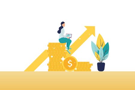 Financial consultant leaning on a stack of coins smiles friendly and waves with hand. Successful investor or entrepreneur. Financial consulting, investment and savings. Modern vector illustration.のイラスト素材