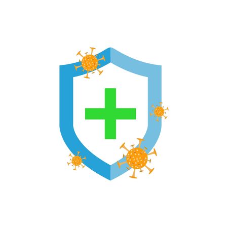 Immune system vector icon. Protection against bacteria health viruses. Medical prevention of human germs. Blue shield with a green cross and a virus on a white background. Vector illustrationのイラスト素材
