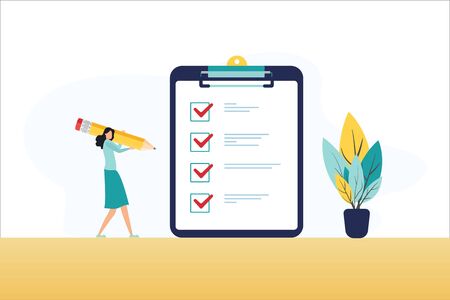 Positive business woman with a giant pencil on his shoulder nearby marked checklist on a clipboard paper. Successful completion of business tasks. Flat vector illustration.のイラスト素材