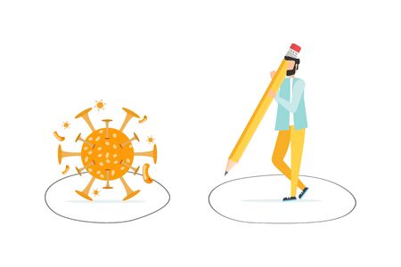 Social distancing, keep distance in public society people to protect from COVID-19 coronavirus outbreak spreading concept, man keep distance away by drawing circle with virus pathogensのイラスト素材