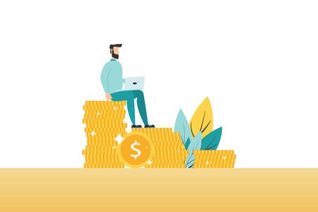 Freelancer worker working at laptop computer. Investment online web internet work concept. Vector flat cartoon graphic design illustrationのイラスト素材