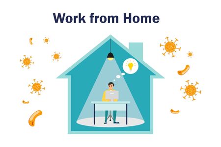 Self isolation concept. Young man working from home during Covid-19. All stay at home. Self-isolate from a pandemic. Remote work from home during Quarantine. Vector flat illustrationのイラスト素材