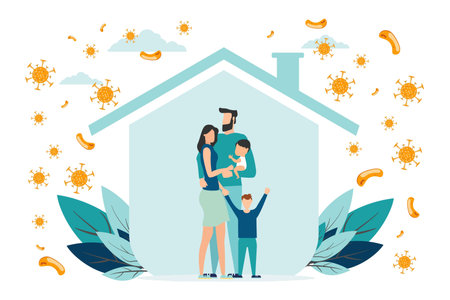Happy parents with children is protected from viruses and diseases. Good immunity, vaccination and a healthy lifestyle. Family portrait in trendy style. Flat vector illustrationのイラスト素材