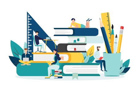 Education vector. people learn, gain knowledge by reading books and the Internet. online students composition design.のイラスト素材