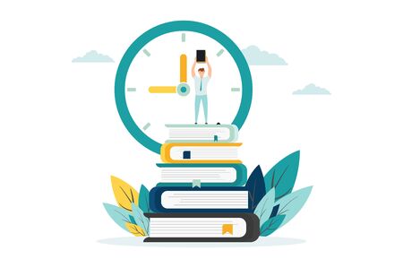 People with books, on books, flat style on a white background, vectorのイラスト素材