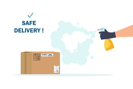 Courier in a medical mask delivers the package during quarantine. Safe Delivery Concept with Social Distanceのイラスト素材