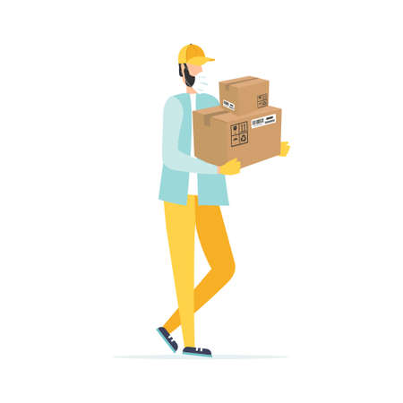 Courier in a medical mask delivers the package during quarantine. Safe Delivery Concept with Social Distanceのイラスト素材