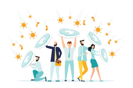 COVID-19 Protection against coronavirus and the prevention of business risks thanks to the new concept of the virus epidemic, a businessmans are holding a knight's shields to protect against viraのイラスト素材