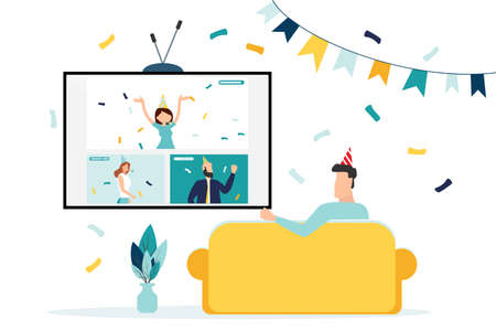 happy birthday quarantine, online party. Vector illustration.のイラスト素材