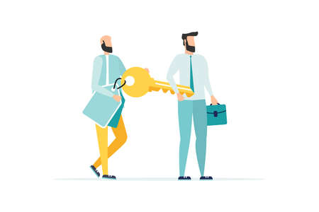 Vector illustration of the concept of teamwork. Businessman and entrepreneur go to the door with a keyのイラスト素材
