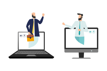 Remote working with a business meeting held via a video conference call. Teams joining via laptop.のイラスト素材