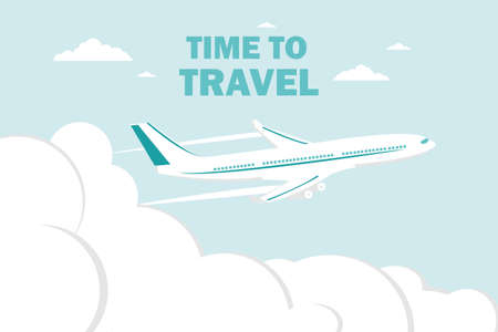Airplane flies in the sky and cloud on blue background. Concept time to travel. Vector in flat style. Vector illustrationのイラスト素材