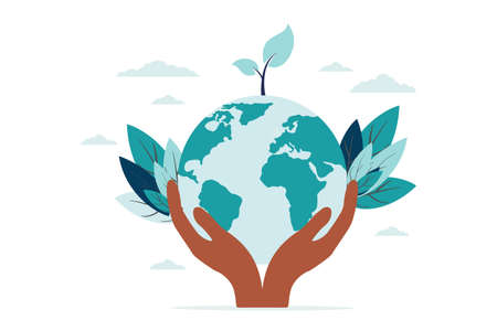 vector illustration, hands close the planet from pollution, save the planet, a small process of a plant, save energy, Earth Day concept - vectorのイラスト素材
