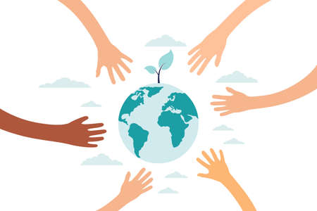 vector illustration, hands close the planet from pollution, save the planet, a small process of a plant, save energy, Earth Day concept - vector illustrationのイラスト素材