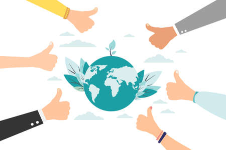 vector illustration, hands close the planet from pollution, save the planet, a small process of a plant, save energy, Earth Day concept - vectorのイラスト素材