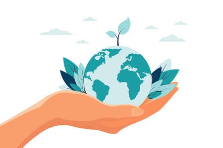 vector illustration, hands close the planet from pollution, save the planet, a small process of a plant, save energy, Earth Day concept - vectorのイラスト素材
