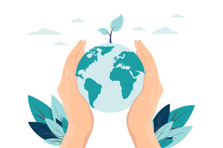vector illustration, hands close the planet from pollution, save the planet, a small process of a plant, save energy, Earth Day concept - vectorのイラスト素材