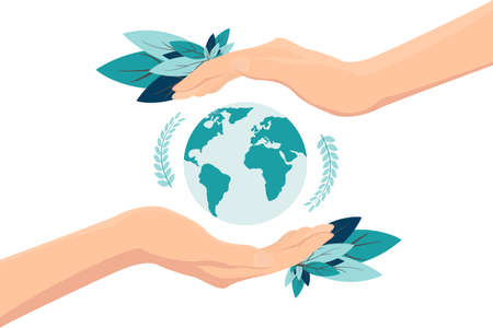 vector illustration, hands close the planet from pollution, save the planet, a small process of a plant, save energy, Earth Day concept - vectorのイラスト素材