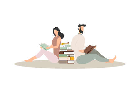 Collection of people reading or students studying and preparing for examination. Set of book lovers, readers, modern literature fans isolated on white background. Flat cartoon vector illustration.のイラスト素材