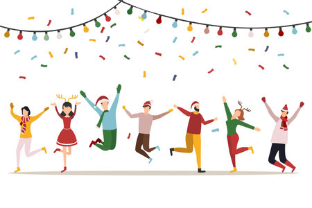 Happy people at a Christmas and New Years corporate party. Positive men and women dancing and having fun. Set of modern vector characters.のイラスト素材
