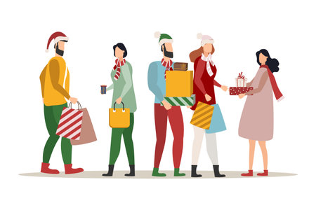 Christmas shopping, people in warm clothes go with shopping bags, preparations for the New Year and Christmas. Vector illustrationのイラスト素材