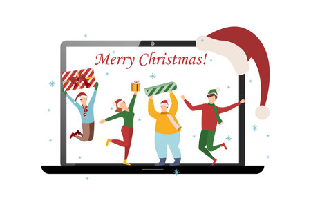 People wishing Merry Christmas and Happy New Year, celebrating holiday and giving gifts via video call or web conference in 2021. quarantine, online party. Vector illustration.のイラスト素材