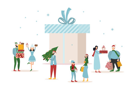 Christmas new year banner sale poster and flyer with giant gift boxes and small people men. vectorのイラスト素材